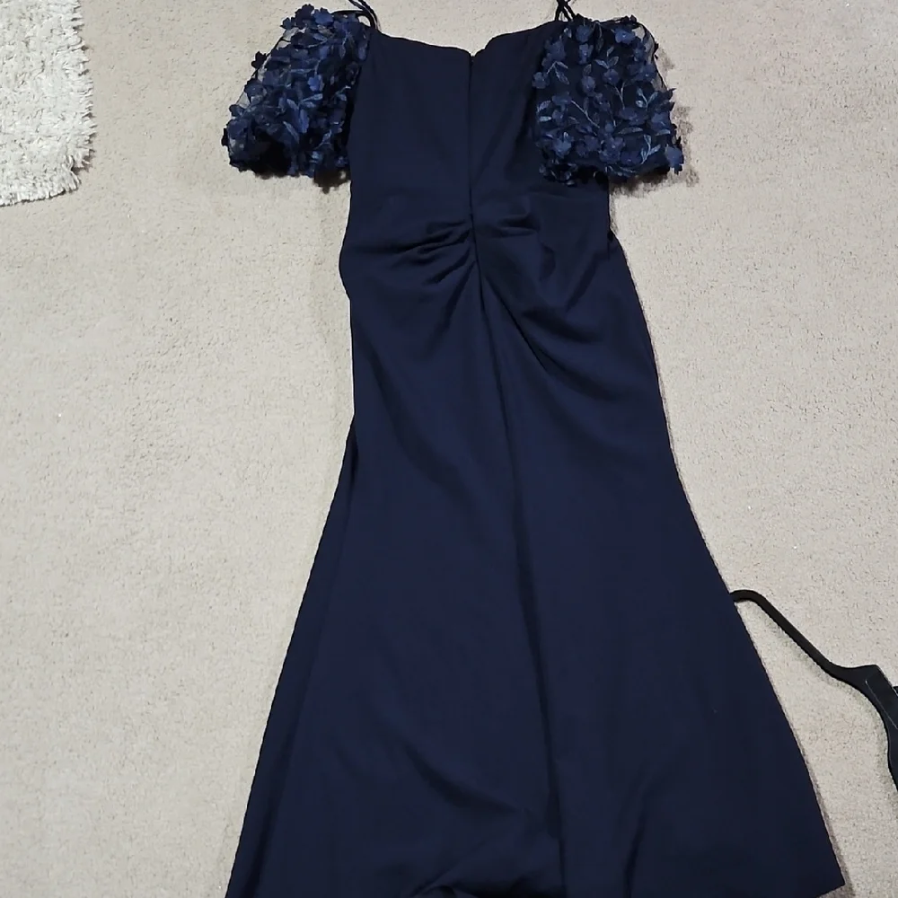 Xscape Navy Asymmetrical Dress with Floral Sleeves - Picture 2 of 2